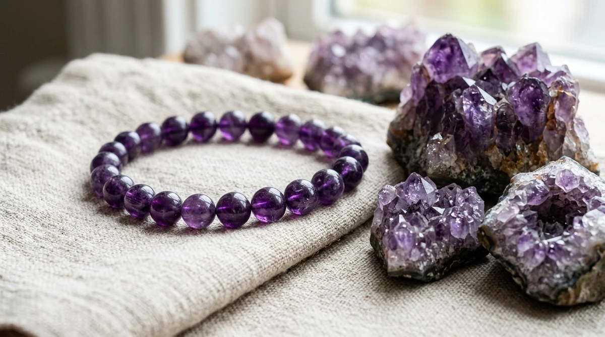 Natural purple Amethyst crystal beaded bracelet and raw amethyst geode