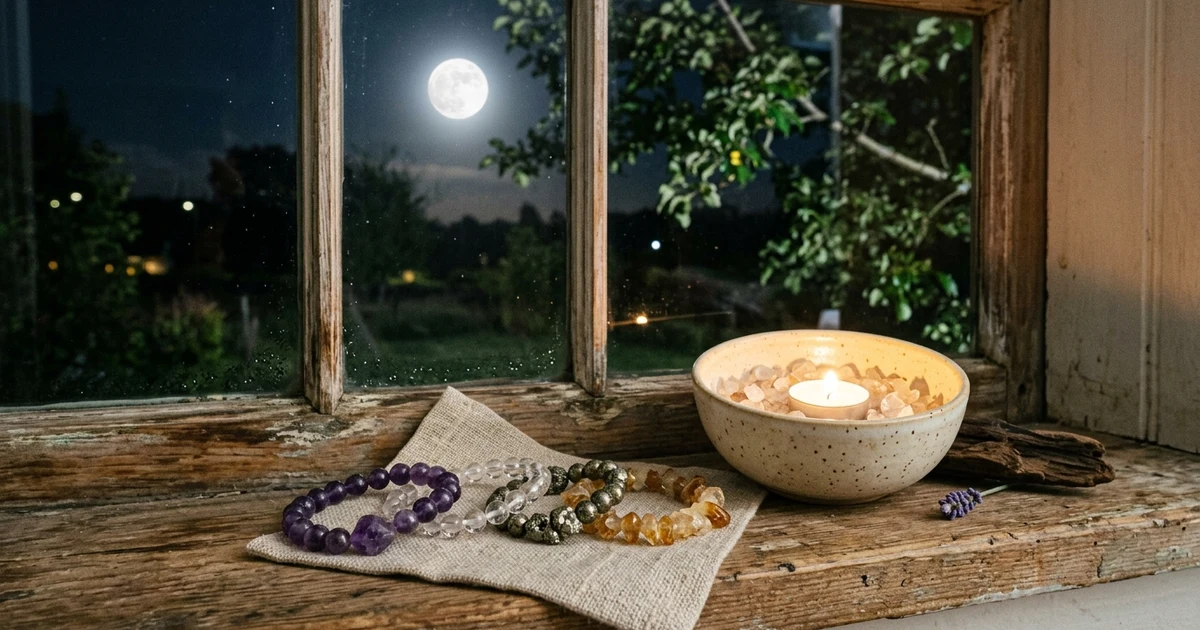Crystal bracelets being cleansed under moonlight