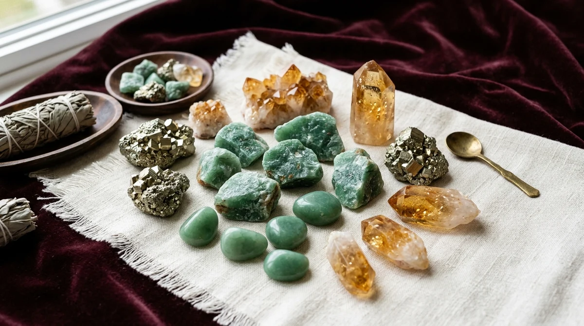 Pyrite, Citrine and Green Aventurine crystals for money and abundance