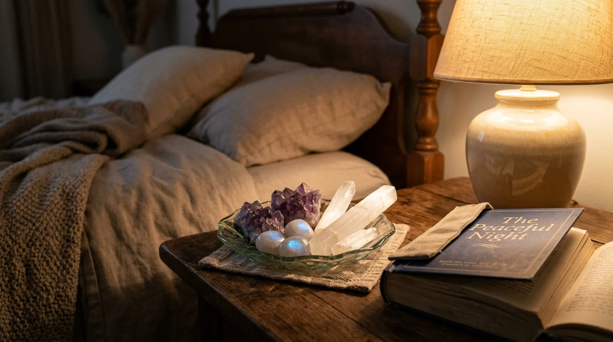 Bedside crystals for sleep including Amethyst, Moonstone and Selenite